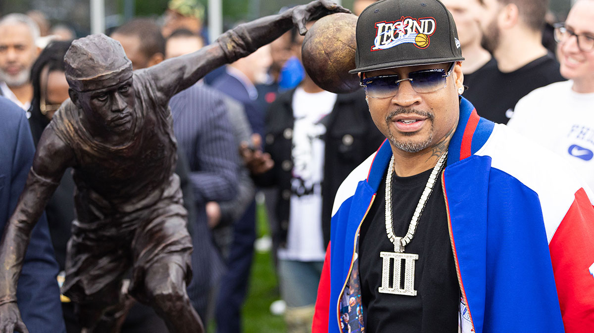 Philadelphia 76ers great Allen Iverson during the unveiling of the statue honoring him in a ceremony at the Philadelphia 76ers Training Complex.