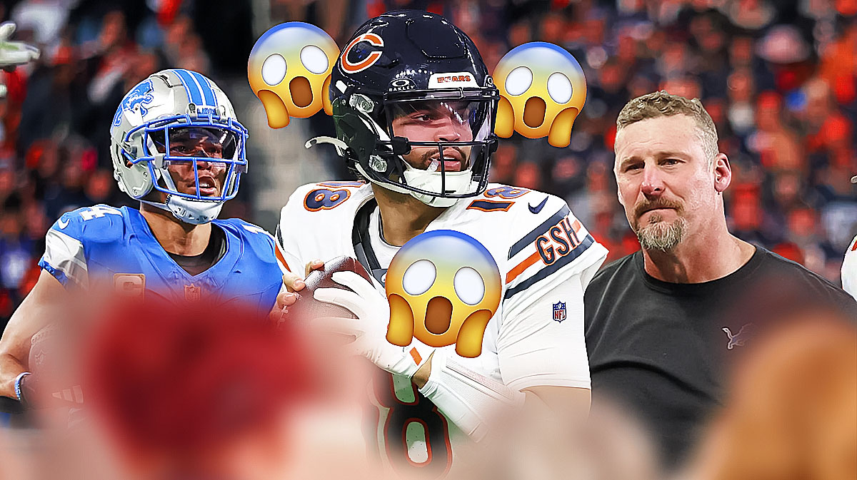 Amon-Ra St. Brown, Dan Campbell, and Caleb Williams with shocked face emojis surrounding him.