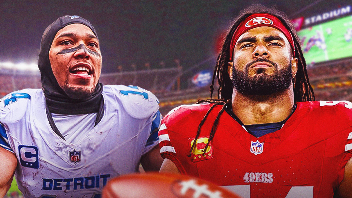 Lions WR Amon-Ra St. Brown, 49ers LB Fred Warner, Levi's Stadium behind them