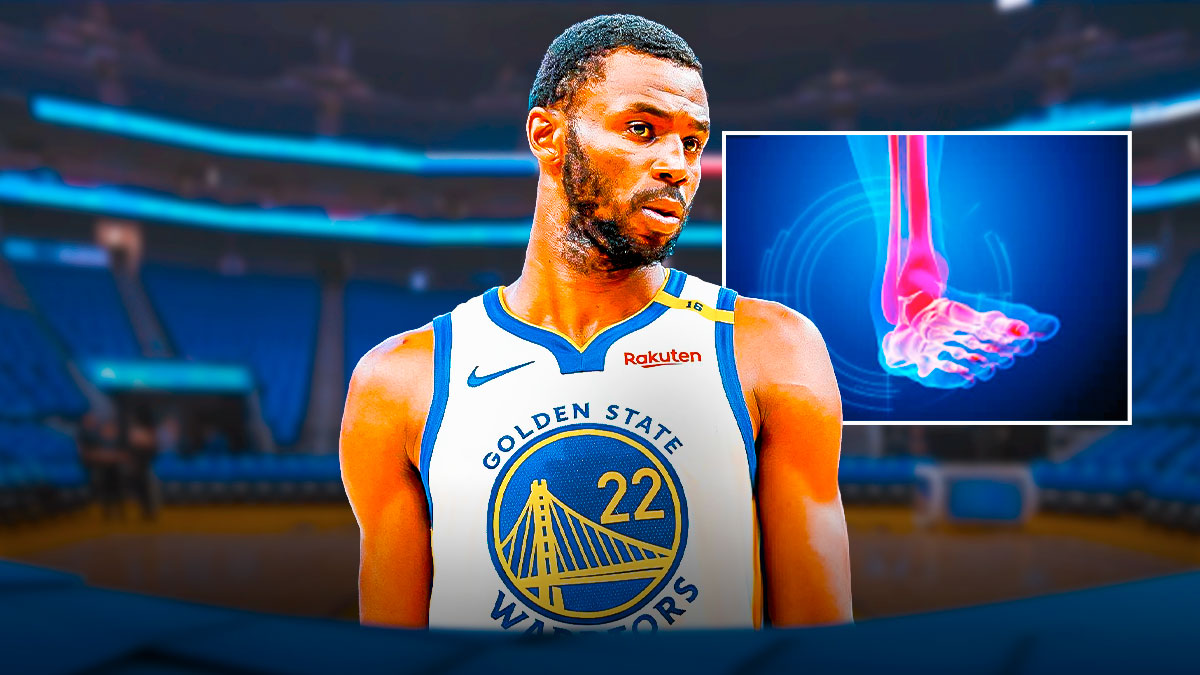Warriors' Andrew Wiggins looking sad, diagram of ankle injury beside him
