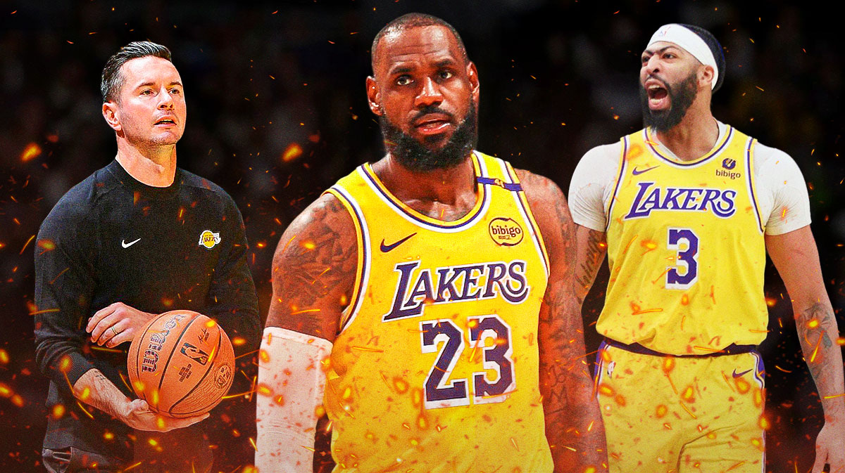 Anthony Davis and JJ Redick on one side, and LeBron James on the other side with a fire flame surrounding him.