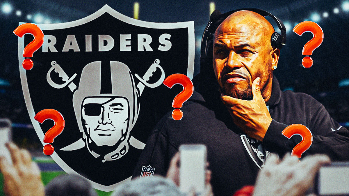 Las Vegas Raiders head coach Antonio Pierce surrounded by question mark emojis. There is also a logo for the Las Vegas Raiders.
