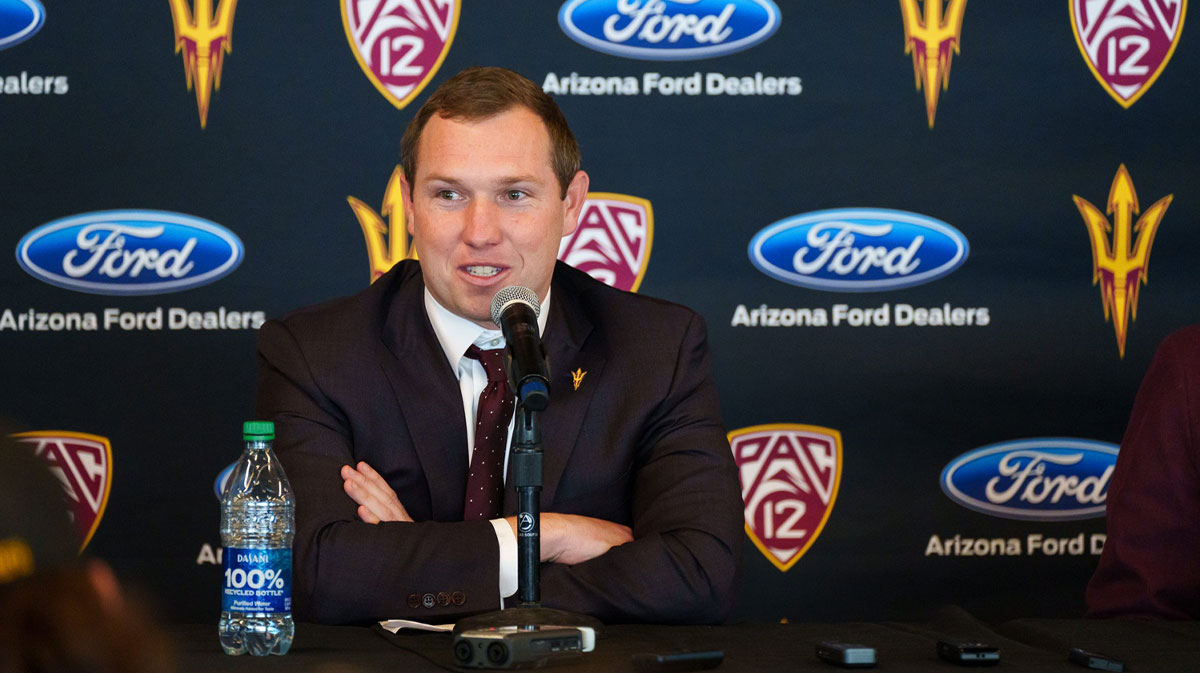 Kenny Dillingham speaks at a news conference, introducing him as ASU's new head football coach on Nov 27, 2022, at Sun Devil Stadium in Tempe, AZ.