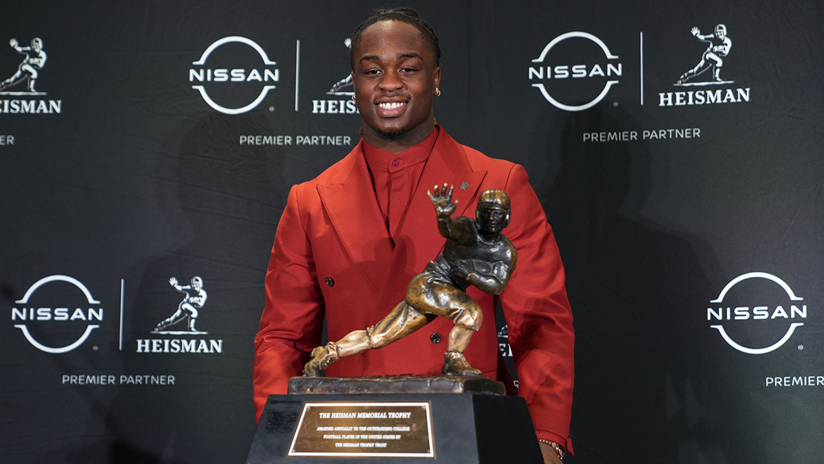 Boise State Broncos running back Ashton Jeanty poses for a photo during a press conference before the 2024 Heisman Trophy Presentation