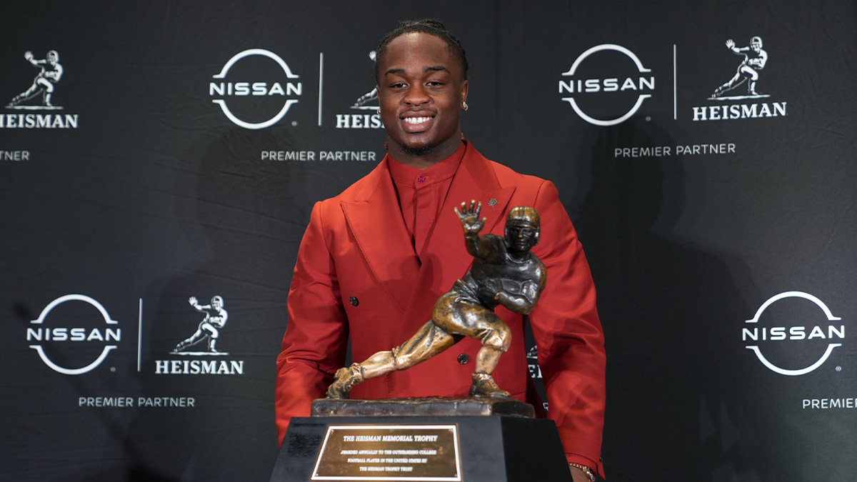 Boise State Broncos running back Ashton Jeanty poses for a photo during a press conference before the 2024 Heisman Trophy Presentation.