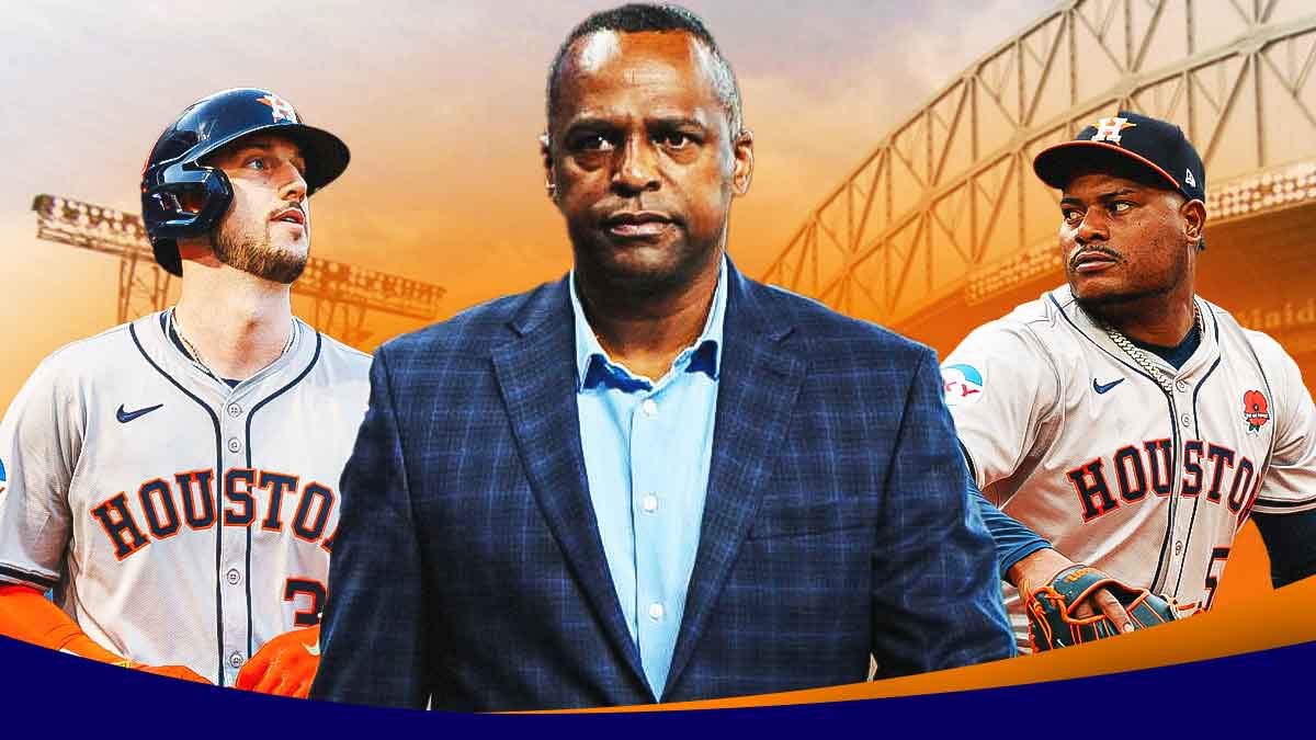 Astros GM Dana Brown with Kyle Tucker and Framber Valdez on either side of him