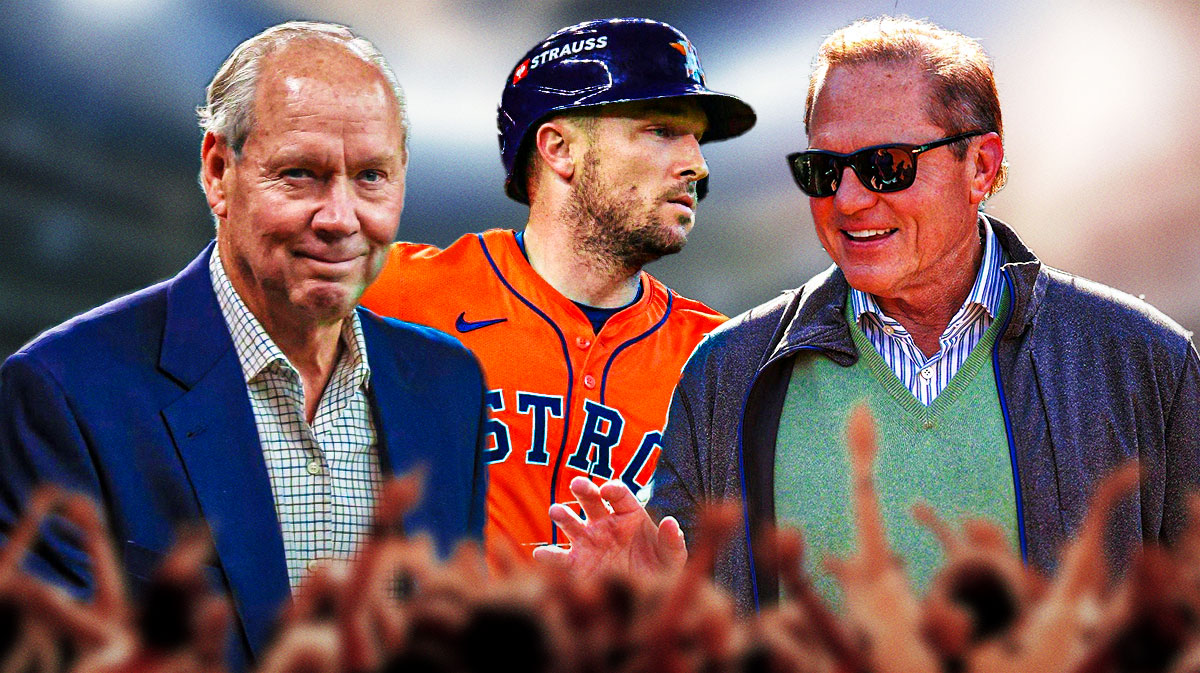 Scott Boras laughs at Astros owner Jim Crane with Alex Bregman next to them