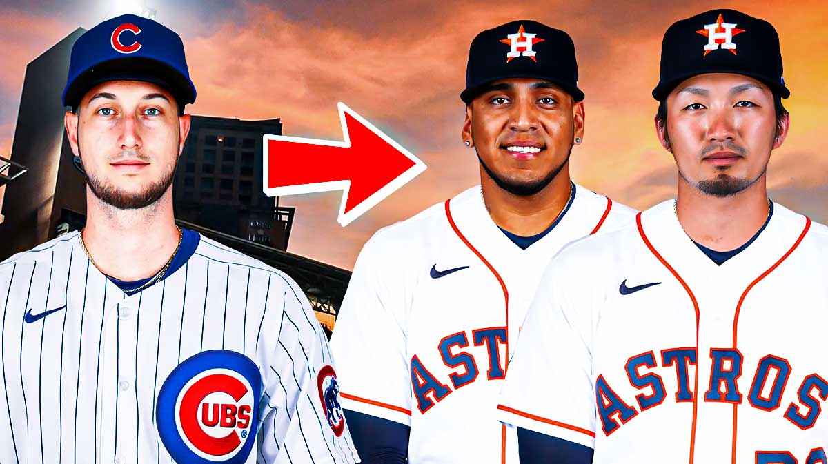 Astros' Kyle Tucker in a Cubs uniform with an arrow pointing to Cubs' Seiya Suzuki and Isaac Paredes in Astros uniforms.