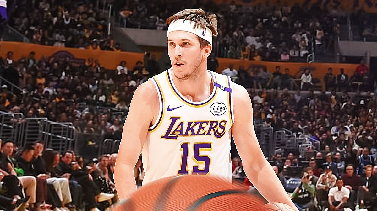 LA Lakers player Austin Reaves with the Lakers arena in the background, career-high assists
