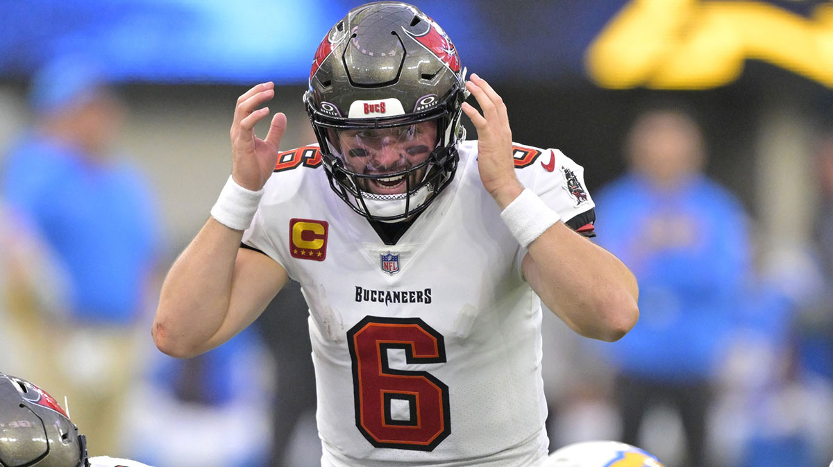 Dec 15, 2024; Inglewood, California, USA; Tampa Bay Buccaneers quarterback Baker Mayfield (6) calls a play in the second half against the Los Angeles Chargers at SoFi Stadium.