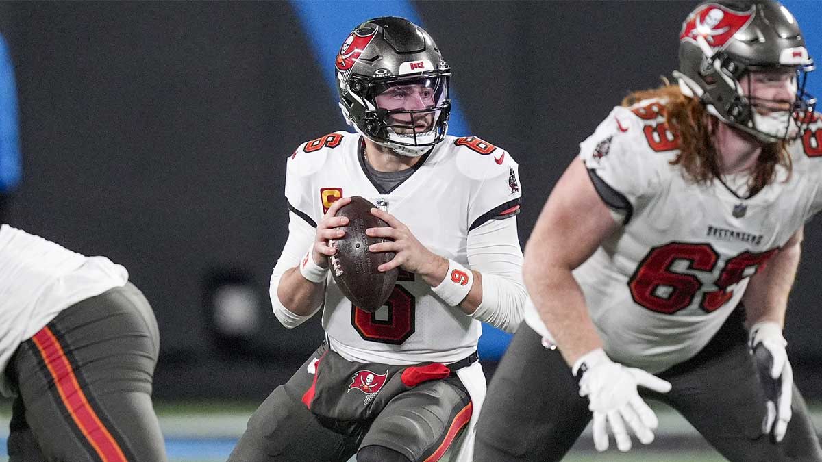 Tampa Bay Buccaneers quarterback Baker Mayfield (6) drops back to pass during the second half against the Carolina Panthers at Bank of America Stadium.