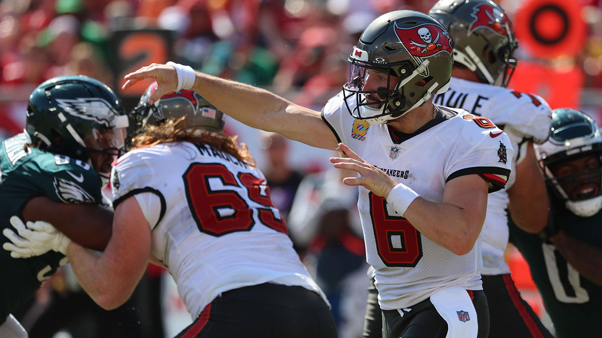 Tampa Bay Buccaneers quarterback Baker Mayfield (6) throws the ball against the Philadelphia Eagles during the second half at Raymond James Stadium.