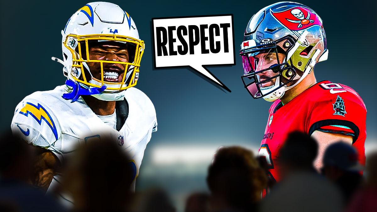 Baker Mayfield with a text bubble reading "Respect" next to Derwin James in front of the Buccaneers Stadium.