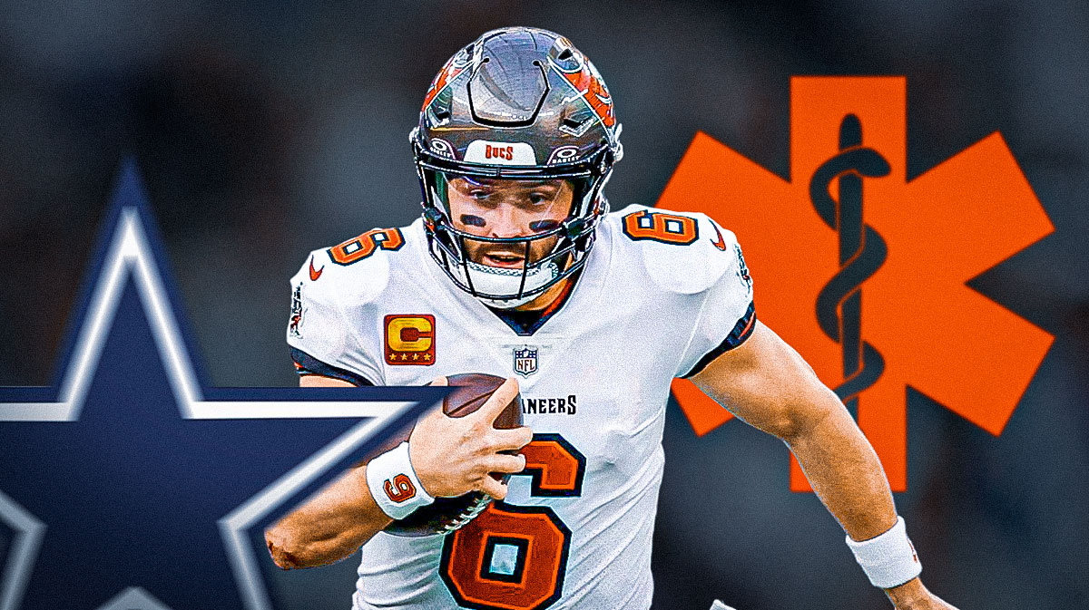 Baker Mayfield with medical alert next to Cowboys logo.