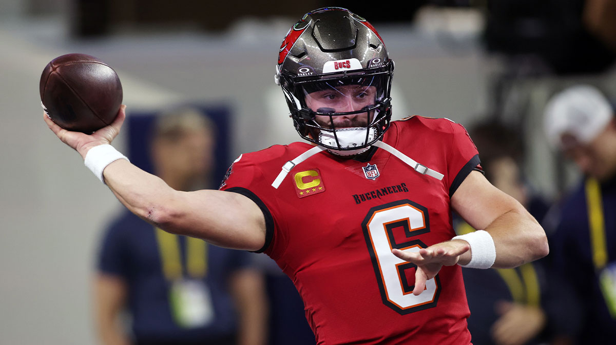 Tampa Bay Buccaneers quarterback Baker Mayfield (6) throws a pass before the game against the Dallas Cowboys at AT&T Stadium.