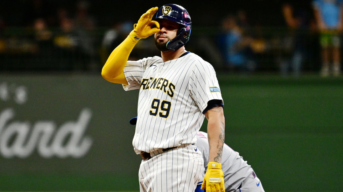 Milwaukee Brewers catcher Gary Sanchez (99) reacts after hitting a double in the second inning against the New York Mets during game three of the Wildcard round for the 2024 MLB Playoffs at American Family Field. 