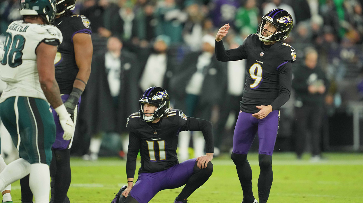 Baltimore Ravens kicker Justin Tucker (9) watches his failed third quarter field goal attempt against the Philadelphia Eagles at M&T Bank Stadium.