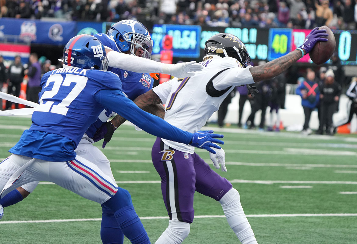 East Rutherford, NJ -- December 15, 2024 -- Rashod Bateman of the Ravens scoring a TD in the first half. The Baltimore Ravens came to MetLife Stadium to play the New York Giants.