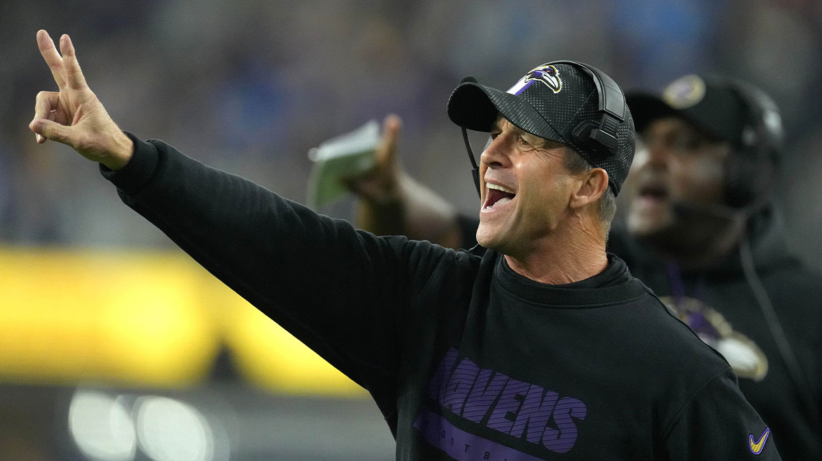 Baltimore Ravens coach John Harbaugh reacts against the Los Angeles Chargers in the second half at SoFi Stadium.