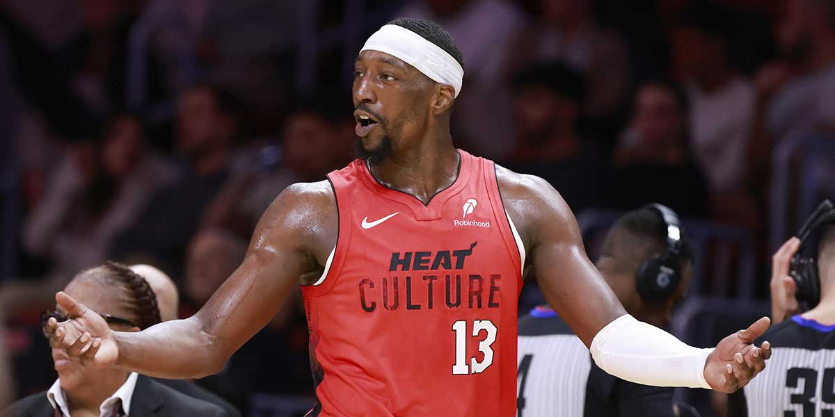 Miami Heat center Bam Adebayo (13) reacts against the Toronto Raptors during the second half at Kaseya Center.