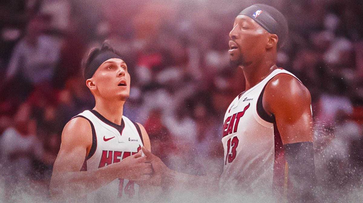 Miami Heat stars Bam Adebayo and Tyler Herro in front of Kaseya Center.