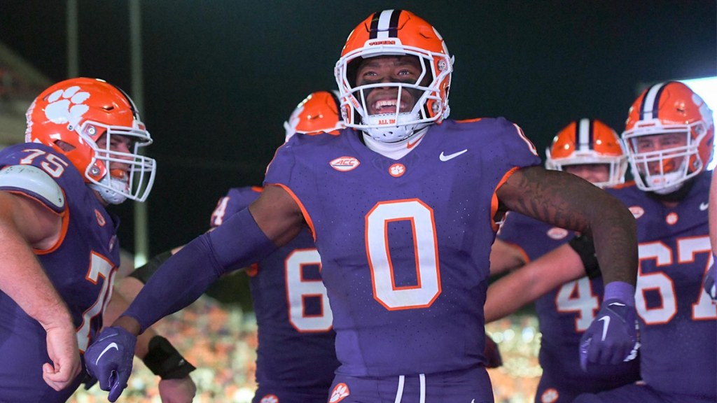 Nov 23, 2024; Clemson, South Carolina, USA; Clemson Tigers linebacker Barrett Carter (0) celebrates after scoring a touchdown against The Citadel Bulldogs during the fourth quarter at Memorial Stadium.