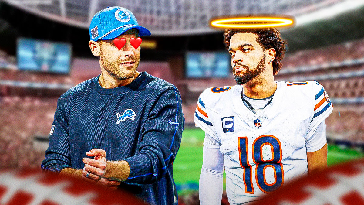 Lions OC Ben Johnson looking happy/smiling while looking at Chicago Bears QB Caleb Williams. Johnson has heart eyes, while Williams has an angelic halo above his head.