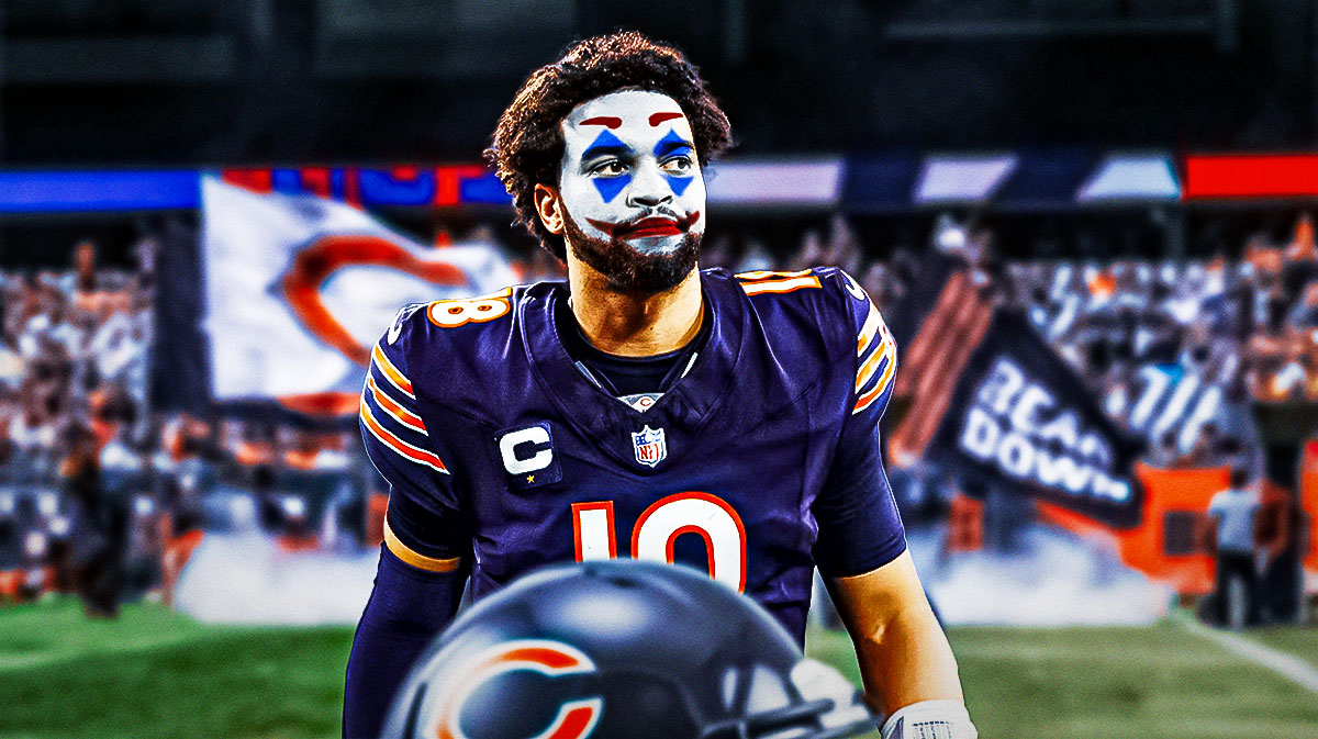 Caleb Williams in Joker makeup with a Bears-themed BG.