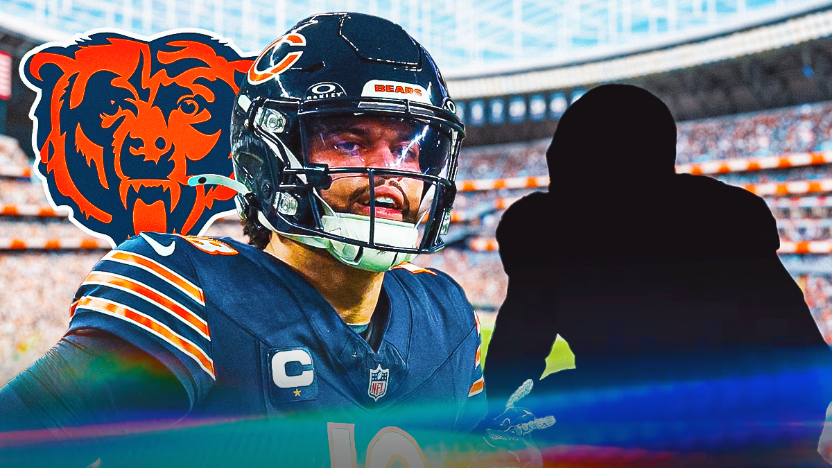 Chicago Bears QB Caleb Williams looking sad while the SILHOUETTE of OL Doug Kramer Jr is right next to him. Behind them is the Bears logo (this one). Background is Soldier Field.