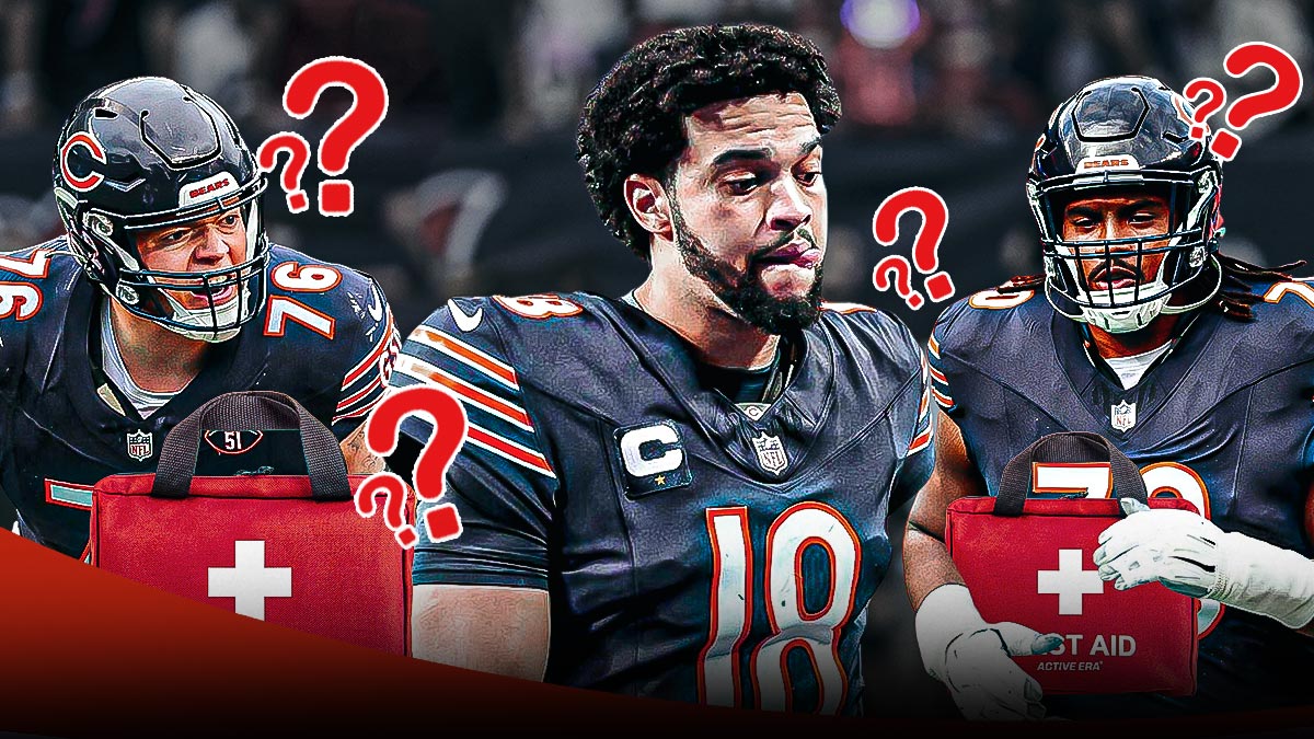 Chicago Bears QB Caleb Williams looking scared/sad/mad on the left of the screen, with OL Braxton Jones and Teven Jenkins holding medical kits with multiple ❓ emojis in the background. Background is Soldier Field.
