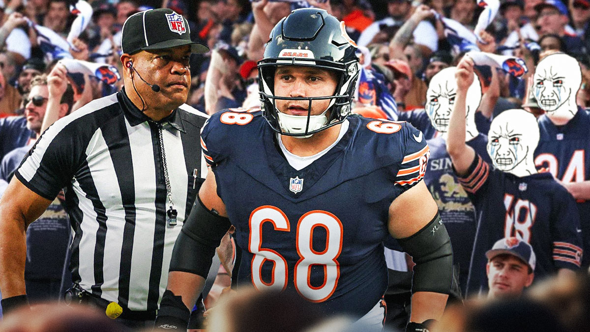 Three guys wearing Chicago Bears fans looking at Bears OL Doug Kramer with NFL referee peaking over Kramer's shoulder. Background is US Bank Stadium.