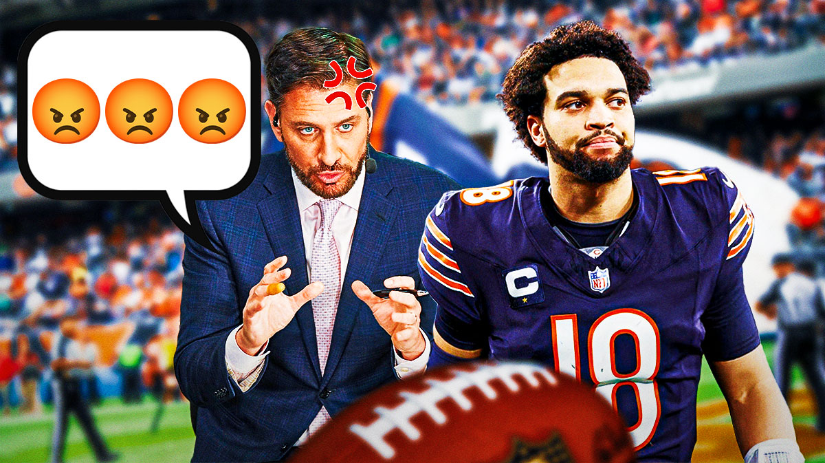 ESPN Mike Greenberg yelling at Chicago Bears QB Caleb Williams. Greenberg has 💢 emoji on head. Greenberg has a speech bubble above his head saying, "😡😡😡". Background is Soldier Field.