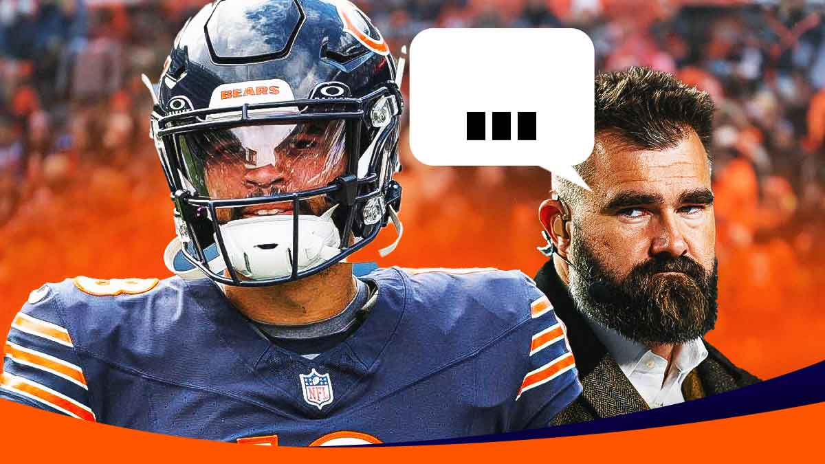 Current day Jason Kelce with speech bubble above his head saying, "..." while looking at Chicago Bears QB Caleb Williams. Background is US Bank Stadium.