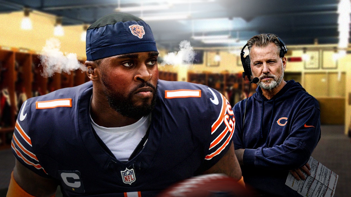 Chicago Bears CB Jaylon Johnson with a red face and steam coming out of his ears standing next to Chicago Bears ex-head coach Matt Eberflus. The background is an NFL locker room.