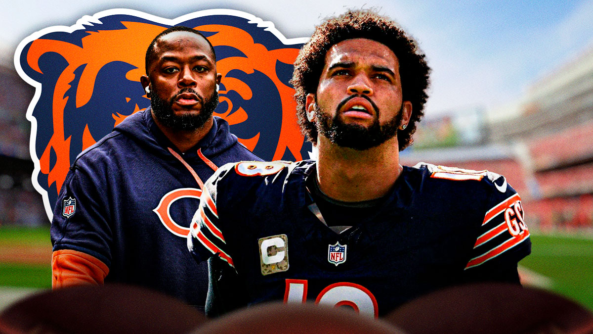 Chicago Bears QB Caleb Williams next to interim head coach Thomas Brown. There is also a logo for the Chicago Bears.