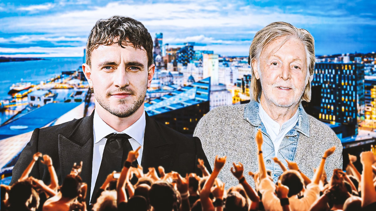 Beatles biopics star Paul Mescal and Paul McCartney with Liverpool, England, background.