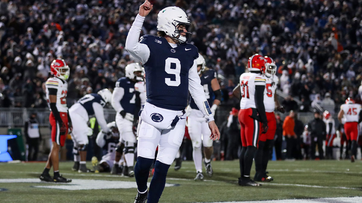 Penn State Nittany Lions quarterback Beau Pribula (9) celebrates after scoring a touchdown against the Maryland Terrapins during the second quarter at Beaver Stadium.