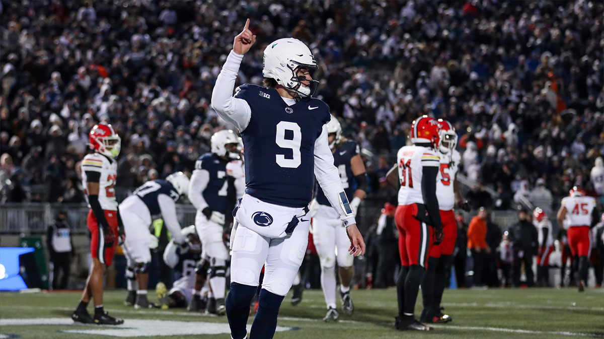 Penn State Nittany Lions quarterback Beau Pribula (9) celebrates after scoring a touchdown against the Maryland Terrapins during the second quarter at Beaver Stadium