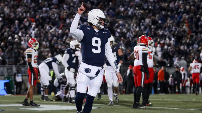 Penn State Nittany Lions quarterback Beau Pribula (9) celebrates after scoring a touchdown against the Maryland Terrapins during the second quarter at Beaver Stadium.