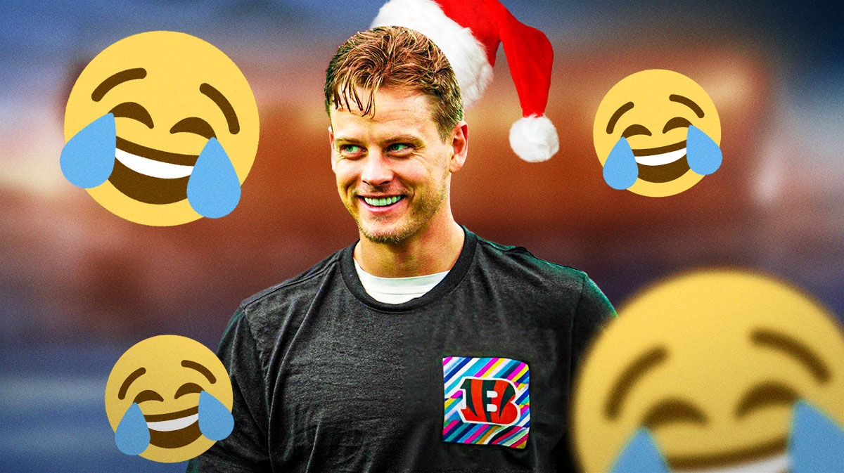 Burrow with a santa hat on him. cry laughing emojis all around him.