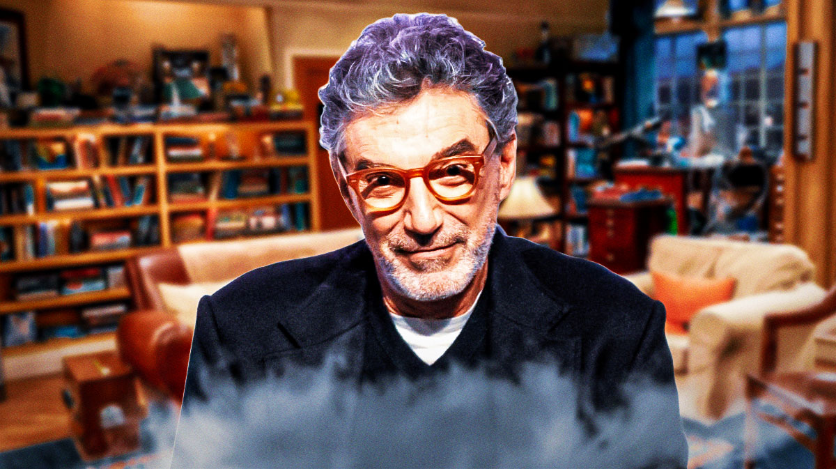 Chuck Lorre, creator of The Big Bang Theory and its spin-offs, with Leonard and Sheldon's apartment in background.
