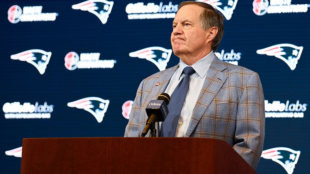 New England Patriots former head coach Bill Belichick holds a press conference at Gillette Stadium to announce his exit from the team.
