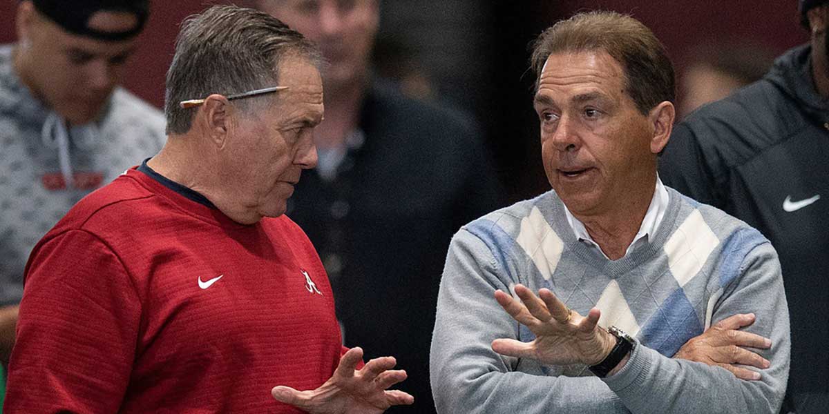 New England Patriots head coach Bill Belichick chats with Alabama head coach Nick Saban during Pro Day on the University of Alabama campus in Tuscaloosa, Ala., on Tuesday March 19, 2019.