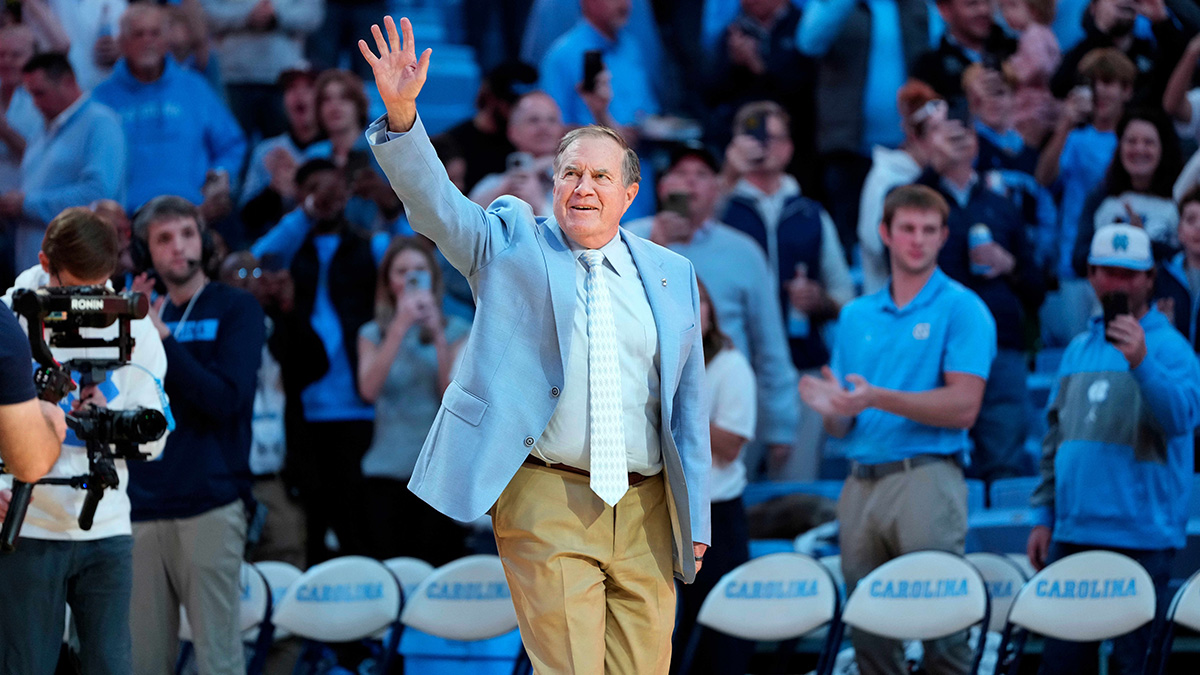 North Carolina Tar Heels head football coach Bill Belichick is introduced during half time at Dean E. Smith Center.