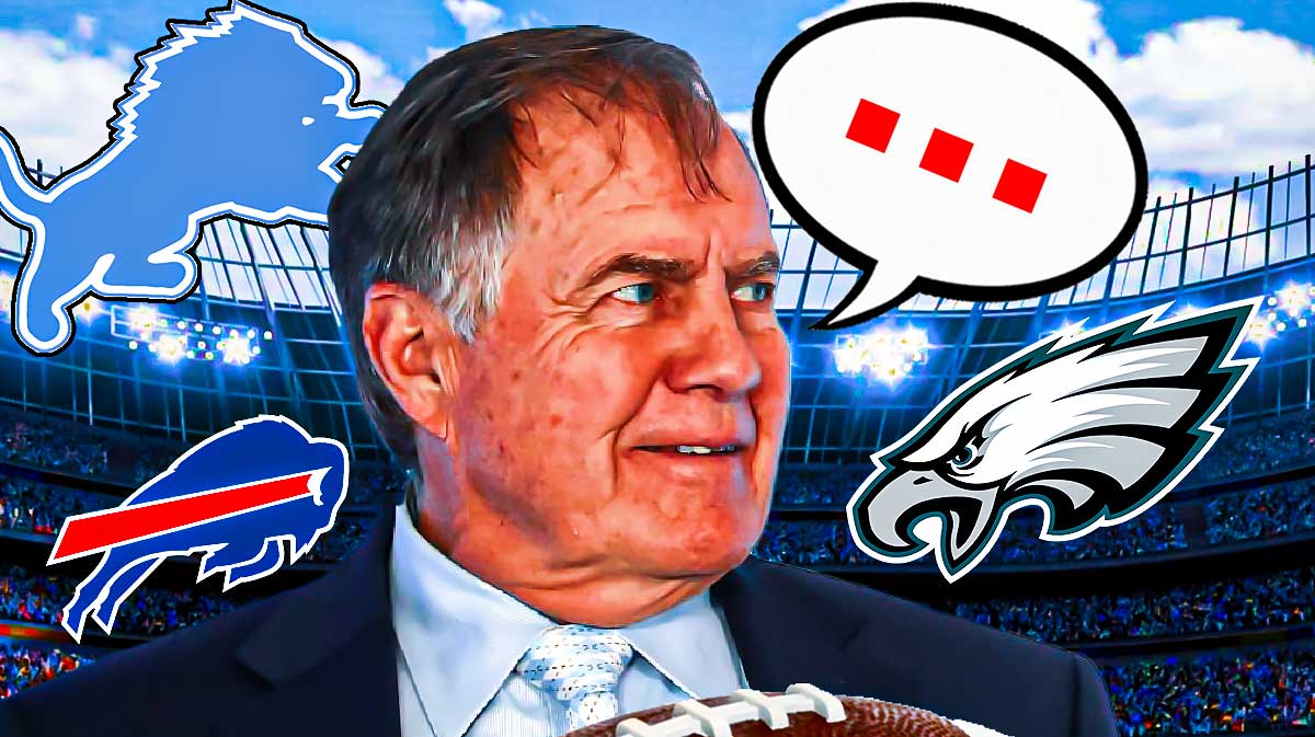 Former NFL coach Bill Belichick with a speech bubble that has the three dots emoji inside. There are also logos for the Philadelphia Eagles, Detroit Lions, and Buffalo Bills.
