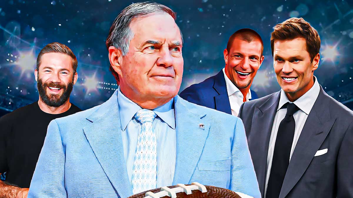 Bill Belichick in North Carolina gear on one side with Tom Brady, Julian Edelman, and Rob Gronkowski laughing on the other