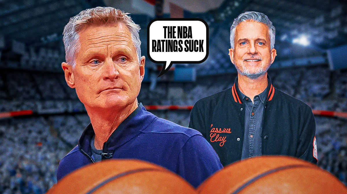 Warriors head coach Steve Kerr with a thought bubble that says "the NBA ratings suck" and Bill Simmons smiling next to him, with the NBA logo beside both of them