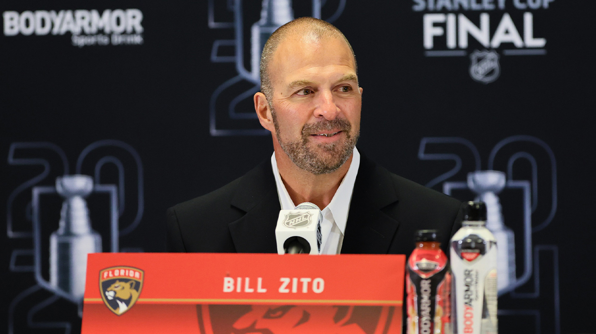 Florida Panthers general manager Bill Zito speaks to reporters during media day in advance of the 2024 Stanley Cup Final at Amerant Bank Arena.