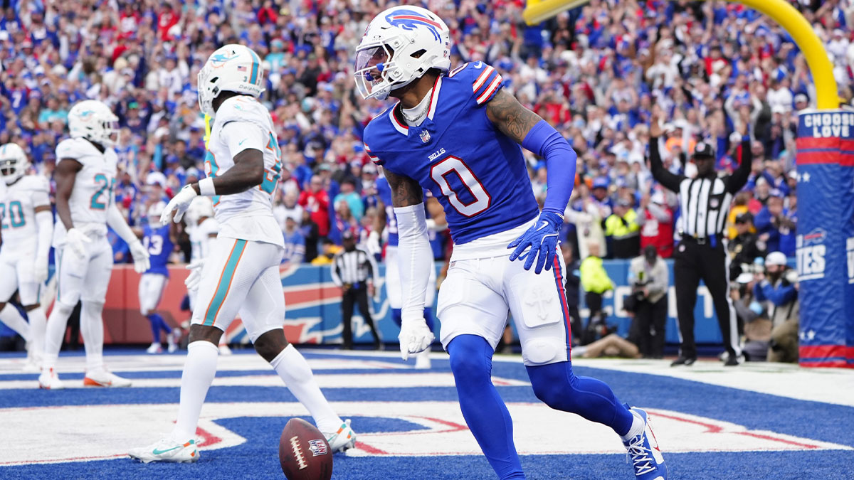 Buffalo Bills wide receiver Keon Coleman (0) celebrates a two-point conversion against the Miami Dolphins during the second half at Highmark Stadium