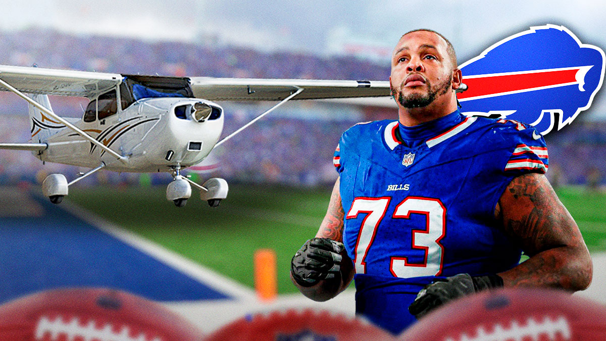 Bills OT Dion Dawkins looking shocked/scared with plane in the background. Behind Dawkins is a Bills logo. Background is Highmark Stadium.